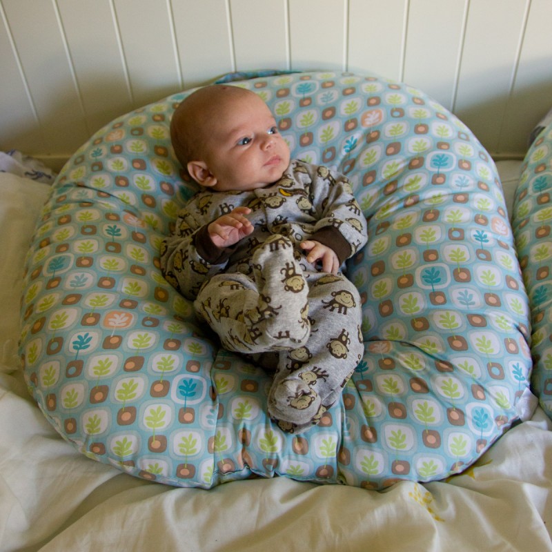 baby boy sam sits in a Boppy Newborn Lounger wearing a monkey-themed outfit