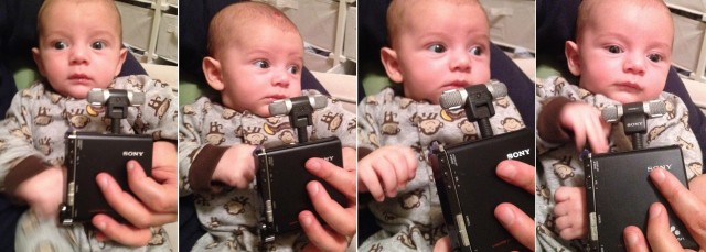 baby boy sam, wearing a monkey-patterned outfit is being interviewed. There is a Sony mini-dic player with a stereo microphone in front of him. The photo is a collage of 4 images.