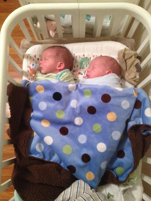 Twin baby boys Max and Sam under a blanket in an Argington Bam Bassinet