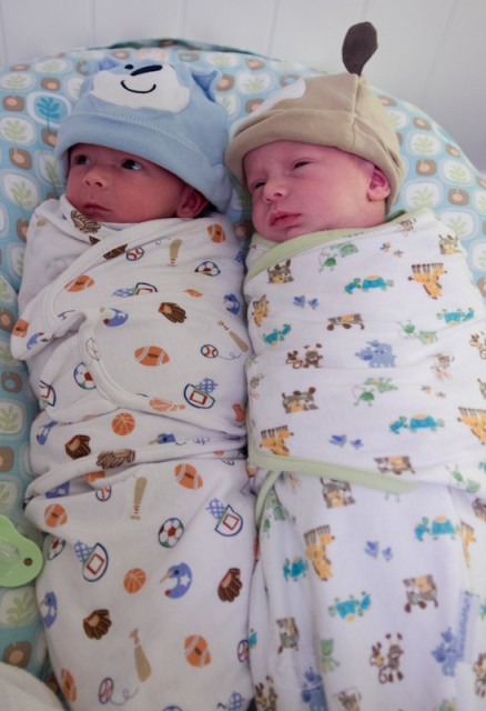 baby boys max and sam, twin brothers, wearing Summer SwaddleMe blankets