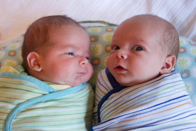 baby boys, twin brothers, max and sam, wearing Summer SwaddleMe blankets, sitting on a Boppy Newborn Lounger