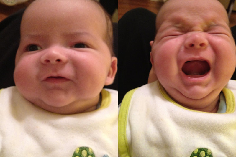 baby boy max wearing a turtle bib in two photos, one smiling, the other crying