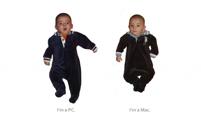 Two baby boys, Max and Sam, play Mac and PC a la Jonathan Hodgman and Justin Long