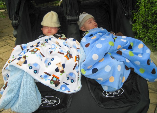twin brothers, baby boys, max and sam, fell asleep in their City Mini GT Double Stroller, under Circo Valboa blankets